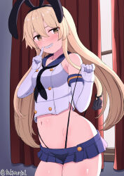  anchor_hair_ornament black_hairband black_neckerchief black_panties blonde_hair blue_sailor_collar blue_skirt braid commentary_request crop_top curtains elbow_gloves female gloves grey_eyes grin hair_ornament hairband highleg highleg_panties highres index_finger_raised kantai_collection leaning_forward long_hair microskirt miniskirt neckerchief panties pleated_skirt sailor_collar shimakaze_(kancolle) shirt skirt sleeveless sleeveless_shirt smile solo tsukimoto_reiji twin_braids underwear white_gloves window 