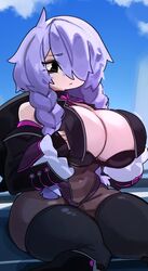  1girls bodystocking braided_hair braided_twintails breasts cleavage era_(omega_strikers) female hair_over_one_eye huge_breasts kneeling light-skinned_female light_skin long_hair massive_breasts omega_strikers purple_hair shortstack thick_thighs thighhighs twin_braids zanamaoria 