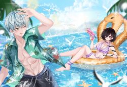  1boy abs arm_tattoo artist_request bikini bird black_hair black_shorts blue_sky blurry blurry_foreground breasts chinese_commentary cloud commentary_request commission female green_eyes green_shirt grey_hair hawaiian_shirt highres holding holding_water_gun horizon innertube large_breasts navel octopath_traveler octopath_traveler_ii one_eye_closed open_clothes open_mouth open_shirt outdoors palm_tree purple_bikini purple_eyes second-party_source shirt short_hair shorts sky smile snake_tattoo starfish swim_ring swimsuit tattoo temenos_mistral throne_anguis toned toned_male tree water water_gun 