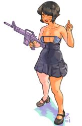  ^_^ assault_rifle bare_arms bare_shoulders bikini black_dress black_skirt breasts closed_eyes collarbone colt_commando dress eyepatch_bikini female gun highres holding holding_gun holding_weapon illegible_text large_breasts legs mary_janes noyemik open_mouth original rifle shoes short_hair skirt smile solo solo_focus swimsuit thighs weapon white_background 
