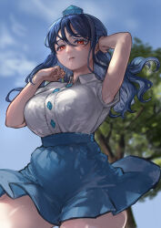  absurdres armpits blue_hair blue_skirt blue_sky blurry blurry_background breasts buttons commentary_request cowboy_shot day diamond_button expressionless female gonglijeongli hat highres iizunamaru_megumu large_breasts long_hair looking_at_viewer outdoors parted_lips pointy_ears red_eyes shirt skirt sky sleeveless sleeveless_shirt solo tented_shirt tokin_hat touhou tree 