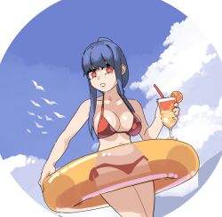  bare_arms bikini bird blue_background blue_hair breasts cloud cloudy_sky collarbone commentary_request cup drink female food fruit holding holding_cup holding_drink holding_swim_ring large_breasts noyemik original red_bikini red_eyes scenery short_hair sky solo solo_focus swim_ring swimsuit thighs 