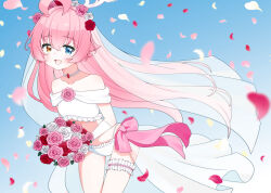  :d absurdres ahoge alternate_costume bikini blue_archive blue_background blue_eyes blue_sky blush bouquet bow breasts bridal_bikini bridal_veil collarbone comiket_106 commentary_request cowboy_shot crossed_bangs falling_petals female flower frilled_bikini frilled_thigh_strap frills gradient_background gradient_sky hair_between_eyes hair_flaps hair_flower hair_ornament halo heterochromia highres holding holding_bouquet hoshino_(blue_archive) huge_ahoge leaning long_hair looking_at_viewer oerba_yun_fang orange_eyes outdoors pearl_choker petako_(ptpt_k) petals pink_bow pink_flower pink_hair pink_halo red_flower rose sidelocks simple_background skin_fang sky small_breasts smile solo swimsuit thigh_strap veil very_long_hair white_background white_flower white_sky 