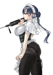  absurdres alternate_costume alternate_hairstyle apron blue_hair blush breasts capelet commentary_request corset expressionless female from_side gonglijeongli highres holding holding_tripod iizunamaru_megumu large_breasts maid_headdress panties panties_under_pantyhose pantyhose pointy_ears ponytail red_eyes shirt short_sleeves solo test_tube thigh_strap touhou tripod underwear white_background white_capelet white_shirt 