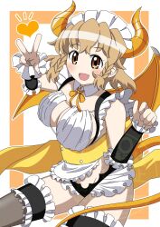 apron black_thighhighs braid braided_sidelocks breasts brown_eyes brown_hair cleavage commentary_request demon_girl demon_horns demon_tail demon_wings double-parted_bangs female floating_hair frilled_thigh_strap frills hair_between_eyes heart highres horns large_breasts looking_at_viewer nbalnuae7 neck_ribbon oerba_yun_fang open_mouth ribbon senki_zesshou_symphogear short_hair sideboob sidelocks simple_background smile solo tachibana_hibiki_(symphogear) tail thigh_strap thighhighs upper_body v white_background wings yellow_ribbon 