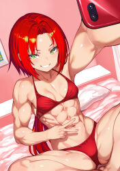  abs absurdres arm_up bare_arms bare_legs bare_shoulders barefoot bedroom bikini breasts butterfly_sitting cellphone collarbone commentary_request commission dot_nose dutch_angle female full_body green_eyes grin groin highres holding holding_phone indoors light_blush long_hair looking_at_viewer low_ponytail murata_taichi muscular muscular_female navel obliques on_bed original parted_bangs parted_lips phone pillow ponytail red_bikini red_hair selfie shiny_skin sidelocks sitting skeb_commission small_breasts smartphone smile solo swimsuit thick_thighs thighs v v-shaped_eyebrows very_long_hair 