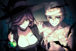  1boy bandages bat_(animal) bilingual_commentary black_choker breasts brown_hair chinese_commentary choker cleavage closed_mouth collarbone commentary_request commission cyacyacyacyaki earrings english_commentary eyelashes female green_eyes hair_over_one_eye halloween halloween_costume hat highres holding holding_vial jewelry large_breasts mixed-language_commentary mummy_costume octopath_traveler octopath_traveler_ii second-party_source short_hair smile snake_tattoo tattoo temenos_mistral throne_anguis vial witch_hat 