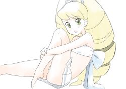  absurdres araki_megami ass barefoot bikini bikini_skirt blonde_hair blue_bow blush bow commentary_request drill_hair female green_eyes hairbow highres long_hair looking_at_viewer luna_platz_(mega_man) mega_man_(series) mega_man_star_force_(series) midriff simple_background swimsuit twin_drills very_long_hair white_background white_bikini 