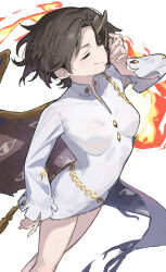  asymmetrical_wings ayayayaya63 blush breasts brown_hair closed_eyes commentary_request female fiery_wings from_side half_mask hand_on_mask highres iwanaga_ariya light_smile long_sleeves mask medium_breasts no_pants parted_bangs shirt short_hair skeletal_wings solo thighs touhou white_background white_shirt wings 