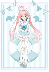  :3 :d absurdres ahoge alternate_costume alternate_hairstyle ankle_cuffs bikini bikini_skirt blue_archive blue_background blue_bow blue_bowtie blue_eyes blush border bow bowtie comiket_106 commentary_request crossed_bangs female frilled_bikini frilled_shirt_collar frills full_body hair_between_eyes hair_flaps hair_intakes hairbow halo hat heterochromia highres hoshino_(blue_archive) huge_ahoge long_hair looking_at_viewer oerba_yun_fang orange_eyes petako_(ptpt_k) pink_halo sailor_bikini sailor_collar sandals sidelocks skin_fang smile solo standing striped_background swimsuit thigh_gap thigh_strap thighs twintails very_long_hair white_border white_hat white_sailor_collar 