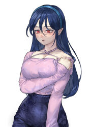  absurdres blue_hair blue_hairband blue_skirt breasts cleavage collarbone commentary_request contemporary female gonglijeongli hairband highres iizunamaru_megumu large_breasts long_hair pink_shirt pointy_ears red_eyes shirt simple_background skirt solo touhou twitter_username white_background 