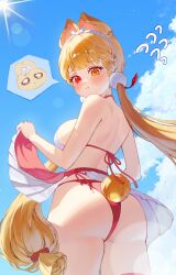  absurdres alice_thymefield animal_ears ass ass_focus bikini blonde_hair blue_sky blush breasts commentary_request female from_behind hair_ornament heterochromia highres lifting_own_clothes long_hair looking_at_viewer rabbit_ears rabbit_girl red_bikini red_eyes sky sphere_hair_ornament sunlight swimsuit twintails yamisroot yellow_eyes zenless_zone_zero 