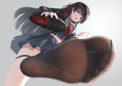  absurdres arendelle black_hair black_sailor_collar black_shoes blunt_bangs breasts brown_socks chisa_(wuthering_waves) commentary_request feet female foot_focus foreshortening grey_background hair_ribbon highres holding holding_shoes holding_unworn_clothes long_hair looking_at_viewer medium_breasts midriff miniskirt neckerchief no_shoes open_mouth pleated_skirt pov presenting_foot red_eyes red_neckerchief red_ribbon ribbon sailor_collar school_uniform serafuku shoes skirt socks soles solo standing standing_on_one_leg stepped_on thigh_strap toe_seam toes unworn_shoes very_long_hair wuthering_waves 