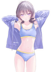  absurdres ass_visible_through_thighs black_hair blue_buruma blue_jacket blue_sports_bra blush breasts buruma collarbone commentary_request female highres hondahiro jacket long_hair long_sleeves looking_at_viewer navel open_clothes open_jacket original parted_lips purple_eyes simple_background small_breasts solo sports_bikini sports_bra stomach white_background 