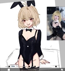  alternate_costume animal_ears antenna_hair arcueid_brunestud arm_support art_program_in_frame black_leotard blonde_hair blush bow bowtie breasts cleavage detached_collar detached_sleeves fake_animal_ears fangs female fishnet_thighhighs fishnets garter_belt garter_straps hair_intakes highres leotard looking_at_viewer photo-referenced playboy_bunny rabbit_ears red_eyes shigeniisama short_hair smile thick_thighs thighhighs thighs tsukihime tsukihime_(remake) 