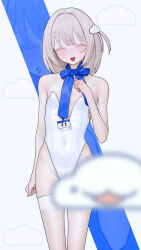  absurdres bare_shoulders blue_ribbon blurry blurry_foreground blush bow breasts censored closed_eyes commentary_request covered_navel facing_viewer female flat_chest flying_sweatdrops gonggong_ill hair_ornament highleg highleg_leotard highres id_card korean_commentary leotard medium_hair neck_ribbon novelty_censor one_side_up open_mouth original ribbon short_hair small_breasts smile solo standing strapless strapless_leotard thighhighs white_leotard white_thighhighs 