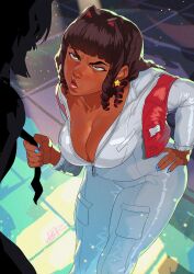  2girls absurdres alternate_costume belt blue_nails breasts brown_hair cleavage clothes_grab colored_inner_hair cropped_vest dark-skinned_female dark_skin earrings fingernails full_body genderswap_(mtf) hand_on_own_hip highres humanization jewelry jumpsuit large_breasts leaning_forward lillified2 long_fingernails looking_at_another megatron multicolored_hair multiple_girls nail_polish necktie necktie_grab neckwear_grab open_clothes open_vest parted_lips partially_unzipped plump red_eyes red_hair red_vest rule_63 silhouette solo_focus star_(symbol) star_earrings starscream starscream_(kotobukiya_bishoujo) transformers two-tone_hair v-shaped_eyebrows vest white_jumpsuit 