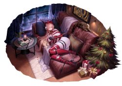  antlers apple artist_request bell belt black_belt black_gloves black_shoes bow box breasts brown_hair candle chains christmas_ornaments christmas_tree couch curtains daiblos_core dainslef_(daiblos_core) feline female food fruit gift gift_box gloves golden_apple high_heels highres horns long_hair neck_bell on_couch petals pillow plant pointy_ears purple_eyes red_bow red_petals red_thighhighs riding_crop shoes solo thigh_belt thigh_strap thighhighs window 