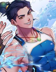  1boy absurdres bare_shoulders black_hair blue_tank_top brown_eyes collarbone commentary covered_abs covered_pectorals earrings erdue_ow fingerless_gloves gloves hair_bun highres hydrokinesis jade_(gemstone) jewelry muscular muscular_male necklace overwatch pectorals pendant rectangular_earrings sidepec simple_background sleeveless stud_earrings tank_top tight_clothes topknot untranslatable_commentary water white_background wuyang_(overwatch) 