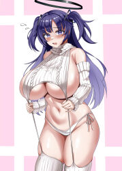  absurdres alternate_breast_size_(larger) bare_shoulders bikini black_halo blue_archive blue_eyes blush breasts commentary_request detached_sleeves embarrassed female garter_straps groin halo highres huge_breasts k_(user_nrtr8253) korean_commentary long_hair looking_at_viewer mechanical_halo navel open_mouth purple_hair ribbed_sleeves ribbed_thighhighs side-tie_bikini_bottom sideboob sleeveless sleeveless_sweater sleeveless_turtleneck solo sweater swimsuit thighhighs thighs turtleneck turtleneck_sweater twintails two_side_up underboob virgin_destroyer_sweater white_bikini white_garter_straps white_sweater white_thighhighs yuuka_(blue_archive) 