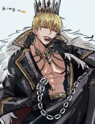  1boy black_gloves blonde_hair blue_background chains clenched_teeth coat commentary crown earrings fate/strange_fake fate_(series) fur_trim gilgamesh_(fate) gloves hand_up highres jewelry long_sleeves looking_at_viewer male_focus miyamamechiru official_alternate_costume open_clothes open_coat parted_lips red_eyes short_hair simple_background solo teeth toned toned_male 