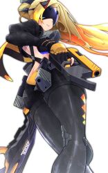  2days_wotori ass black_gloves black_pants blindfold_mask blonde_hair camouflage camouflage_jacket camouflage_pants commentary_request covered_eyes female fingerless_gloves from_behind gloves glowing_mask gun hair_ornament highres holding holding_weapon jacket latex latex_pants long_hair mask pants ponytail rifle simple_background smile sniper_rifle solo triangle_hair_ornament trigger_(zenless_zone_zero) weapon white_background zenless_zone_zero 