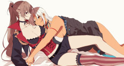  2girls aiguillette amazuki_jou armlet azur_lane bare_shoulders bikini bikini_top_only black_jacket black_shorts breasts brown_hair choker cleavage commentary_request dark-skinned_female dark_skin facial_mark forehead_mark halterneck high_ponytail highres historical_connection hug jacket jean_bart_(azur_lane) jewelry lying_on_person massachusetts_(azur_lane) multiple_girls native_american off_shoulder ponytail short_shorts shorts single_thighhigh striped_clothes striped_thighhighs swimsuit thighhighs vertical-striped_clothes vertical-striped_thighhighs white_hair yuri 