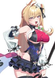  :d absurdres ahoge armpit_crease bare_shoulders black_ribbon black_skirt blonde_hair breasts chalky_(zenless_zone_zero) cissia_(zenless_zone_zero) cowboy_shot cuffs dondobi fangs female fingernails hair_between_eyes hair_ornament hair_ribbon hand_on_own_hip highres holding lightning_bolt_symbol long_hair looking_at_viewer one_side_up open_mouth pink_nails pom_pom_(clothes) pom_pom_hair_ornament purple_nails ribbon simple_background skirt smile snake solo sweatdrop underboob white_background zenless_zone_zero 