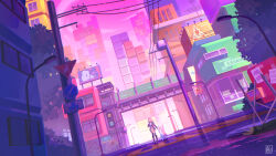  1boy absurdres alina_l backpack bag billboard black_thighhighs blood building city collared_shirt commentary corpse danganronpa_(series) danganronpa_2:_goodbye_despair dutch_angle english_commentary female green_jacket hair_ornament hand_up highres holding_hands inky_(pac-man) jacket komaeda_nagito lamppost long_sleeves looking_up monokuma monomi_(danganronpa) nanami_chiaki open_clothes open_jacket open_mouth outdoors pac-man pac-man_(game) pink_bag pink_blood pink_eyes pink_hair power_lines road road_sign shirt shirt_tucked_in shoes short_hair sign signature skirt spikes standing street tetris thighhighs tree twitter_username utility_pole very_wide_shot when_you_see_it white_shirt white_shoes yellow_skirt 