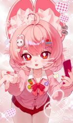  absurdres animal_ear_fluff animal_ear_piercing animal_ears bright_pupils carrot face_filter female furry furry_female hair_ornament heart highres looking_at_viewer pink_fur pink_hair pink_shirt rabbit rabbit_ears rabbit_girl rabbit_ornament red_eyes red_skirt shirt short_eyebrows skirt solo tongue tongue_out uwu v white_pupils yamisroot zenless_zone_zero zhao_(zenless_zone_zero) 