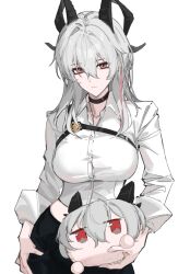  adapted_costume black_choker black_horns black_pants breasts chest_harness choker closed_mouth commentary curled_horns dual_persona female grey_hair hair_between_eyes hand_on_own_hip harness highres holding horns large_breasts leria_v long_hair looking_at_viewer missing_tail multicolored_hair pants red_eyes remnant_cube_(wuthering_waves) revision shirt signature simple_background solo streaked_hair white_background white_shirt wuthering_waves zani_(wuthering_waves) 