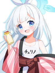  absurdres bath_yukata blue_archive blue_eyes blue_halo blunt_bangs blush bottle bow cherino_(blue_archive) cherino_(hot_spring)_(blue_archive) collarbone commentary_request female flat_chest hairbow halo highres holding holding_bottle japanese_clothes kimono long_hair looking_at_viewer milk_mustache name_tag one-piece_swimsuit petako_(ptpt_k) pink_kimono school_swimsuit sidelocks simple_background solo swimsuit upper_body white_background white_bow white_hair white_one-piece_swimsuit yukata 
