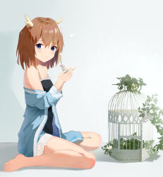  absurdres antlers barefoot bird birdcage black_camisole blue_eyes blue_jacket blunt_bangs bohe_midiexiang brown_hair cage camisole commentary_request deer_antlers expressionless female highres horns indie_utaite indoors jacket kano_(utaite) off_shoulder open_clothes open_jacket plant purple_eyes seiza short_hair shorts simple_background sitting solo utaite white_background white_shorts 
