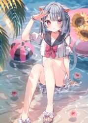  :o animal_ear_fluff animal_ears arm_at_side ball bare_legs beachball bikini black_panties black_sailor_collar blue_hair blue_tail bow_legwear breasts clothing_cutout commentary commission dot_nose extra_ears eyelashes eyes_visible_through_hair floating_flowers flower frilled_wristband hand_to_forehead heripiro highres knees_up looking_at_viewer medium_hair midriff original panties panty_peek pleated_skirt red_eyes red_ribbon ribbon sailor_bikini sailor_collar sandals shirt short_sleeves shoulder_cutout sidelocks sitting sitting_on_water skeb_commission skirt sleeve_ribbon small_breasts sunflower swimsuit tail twintails underwear water white_ribbon white_sandals white_shirt white_skirt white_sleeves 