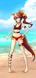  absurdres animal_ears barefoot beach bikini blue_sky cloud commentary_request day female frilled_bikini frills full_body hand_on_own_hip highres horizon horse_ears horse_girl horse_tail kyabetsuman looking_at_viewer multicolored_hair ocean outdoors ponytail red_bikini single_hair_streak sky smile solo standing streaked_hair swimsuit tail tokai_teio_(umamusume) umamusume white_streaks 