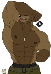  2026 5_fingers abs ambiguous_gender anthro biceps big_muscles black_clothing black_underwear blush bodily_fluids bottomwear brown_body brown_claws brown_countershading canid claws clothed clothing colored countershade_face countershade_fur countershade_neck countershade_torso countershading deltoids dog_tags duo emanata fangs finger_claws fingers front_view frustration_cloud fur furrowed_eyebrows green_bottomwear green_clothing half-length_portrait hand_behind_back heart_symbol hi_res huge_muscles licking licking_arm licking_bicep looking_at_another looking_back looking_back_at_another male mammal mouth_closed muscular muscular_anthro muscular_male navel nipples obliques obscured_eyes open_mouth open_smile pecs portrait raised_arm rear_view red_tongue saliva saliva_on_tongue self_lick simple_background smile snout solo_focus tan_body tan_countershading tan_fur teeth than-wa_(wolfblack43) tongue topless topless_anthro topless_male trapezius underwear underwear_showing white_background wolfblack43 
