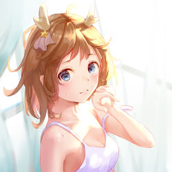  anklet antlers barefoot blue_eyes blush bohe_midiexiang bracelet brown_hair cherry_blossoms chinese_clothes commentary_request deer_antlers dress female highres horns jewelry kano_(utaite) lying on_back petals red_dress short_hair simple_background smile solo virtual_youtuber white_background 