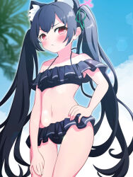  absurdres animal_ear_fluff animal_ears bikini black_bikini black_hair blue_archive blue_sky blush bow breasts cat_ears cat_girl cloud cloudy_sky collarbone commentary cowboy_shot double-parted_bangs female frilled_bikini frills from_below green_bow green_ribbons hair_between_eyes hair_ribbon halo hand_on_own_hip highres long_hair looking_at_viewer navel official_alternate_costume outdoors outline palm_tree petako_(ptpt_k) pink_halo pout red_eyes ribbon serika_(blue_archive) serika_(swimsuit)_(blue_archive) sidelocks sky small_breasts solo stomach swimsuit thigh_gap thighs tree twintails very_long_hair white_outline 