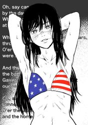  alternate_breast_size_(smaller) american_flag american_flag_bikini american_flag_print arms_behind_head bikini chainsaw_man commentary_request cross_scar english_text female flag_print flag_print_bikini flat_chest long_hair navel print_bikini protohotel ribs ringed_eyes scar scar_on_cheek scar_on_face scar_on_nose skinny solo spot_color sweat swimsuit upper_body yoru_(chainsaw_man) 