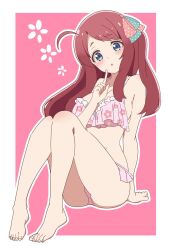  ahoge barefoot bikini blue_eyes breasts commentary_request female finger_to_mouth floral_print floral_print_bikini hair_ribbon highres hoken0309 long_hair looking_at_viewer minamoto_sakura open_mouth pink_bikini polka_dot polka_dot_ribbon print_bikini red_hair ribbon sitting solo swimsuit toes zombie_land_saga 