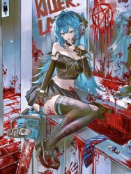  aqua_eyes aqua_hair belt_collar black_camisole black_gloves black_shoes black_skirt black_thighhighs blood blood_on_clothes blood_on_face blood_on_ground blood_on_leg blood_on_wall blood_splatter bloody_handprints camisole chainsaw collar commentary detached_sleeves english_commentary female fingerless_gloves full_body gloves hair_between_eyes handprint hatsune_miku headphones highres holding holding_chainsaw index_finger_raised lewenxijian long_hair looking_at_viewer necktie open_mouth pentagram shoes sitting skirt smile solo thighhighs twintails unworn_necktie unworn_wristwatch vocaloid 