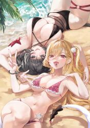  2girls absurdres alternate_costume bikini black_bikini black_hair blonde_hair braid breasts cissia_(zenless_zone_zero) cleavage commentary duplicate fangs highres jane_doe_(zenless_zone_zero) large_breasts long_hair looking_at_viewer lying malsuk mouse_girl mouse_tail multiple_girls navel on_back open_mouth outdoors pink_bikini smile snake_girl snake_tail starfish stomach swimsuit tail teeth untranslatable_commentary upper_teeth_only very_long_hair zenless_zone_zero 
