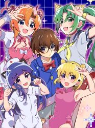  1boy 4girls armpits black_headband blonde_hair blue_eyes bow bowtie breasts buruma china_dress chinese_clothes cleavage commentary_request dress furude_rika glasses green_eyes green_hair hat headband highres higurashi_no_naku_koro_ni houjou_satoko maebara_keiichi maid maid_headdress mashimaro_tabetai multiple_girls nurse nurse_cap open_mouth orange_hair purple_eyes purple_hair red_bow red_bowtie ryuuguu_rena shirt sonozaki_mion v w white_shirt 