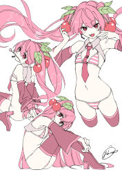  ass bikini closed_mouth commentary_request female flat_chest hatsune_miku highres hymgkamui long_hair looking_at_viewer meme_attire_request multiple_views navel open_mouth pink_eyes pink_hair sakura_miku sitting smile solo stomach swimsuit vocaloid 