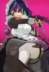  absurdres apron black_dress black_shoes blue_eyes braid breasts chromatic_aberration double-parted_bangs dress embroidered_dress embroidery empire_waist fanged_bangs female fingernails frilled_apron frilled_hat frills hair_between_eyes hair_intakes hat heart heart-shaped_pupils highres holding holding_knife hololive hololive_english iris_(tb33064667) juliet_sleeves kicking kitchen_knife knife large_breasts long_dress long_hair long_sleeves looking_at_viewer low_twin_braids maid maid_apron mob_cap official_alternate_costume open_mouth ouro_kronii ouro_kronii_(maid) pantyhose pink_background puffy_sleeves red_nails shoes simple_background solo symbol-shaped_pupils thigh_strap thighs twin_braids upskirt victorian_maid virtual_youtuber white_apron white_hat white_pantyhose 