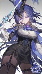  ascot black_corset black_pantyhose blue_cape blue_hair cape chibi clorinde_(genshin_impact) corset epaulettes female fold-over_gloves framed_breasts funa_(sakana) genshin_impact gloves hair_between_eyes hat hat_feather highres holding holding_sword holding_weapon long_hair long_hair_between_eyes multiple_views pantyhose pencil_skirt purple_ascot purple_eyes shirt skirt solo sword taut_clothes taut_shirt thigh_strap tricorne twitter_username weapon white_gloves 