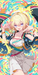  :d black_jacket blonde_hair blue_eyes breasts cleavage collarbone commentary_request dress female hair_between_eyes highres jacket large_breasts looking_at_viewer open_clothes open_jacket original osisio pleated_dress sleeveless sleeveless_jacket smile solo sparkle white_dress 