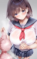  absurdres aoki_hiro blue_eyes blue_sailor_collar blue_skirt blush bow bow_bra bra breasts brown_hair commentary_request earrings female gradient_background highres holding holding_bra holding_underwear holding_unworn_clothes huge_breasts jewelry leg_warmers long_bangs looking_at_viewer medium_hair neckerchief no_bra original pink_bra pleated_skirt red_neckerchief sailor_collar school_uniform see-through_clothes see-through_shirt serafuku shirt short_sleeves simple_background skirt solo steaming_body summer_uniform sweat thighs underwear unworn_bra wet wet_clothes wet_shirt white_leg_warmers white_serafuku 