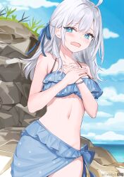  absurdres ahoge alisa_mikhailovna_kujou armpit_crease bare_shoulders bikini blue_bikini bracelet cloud cloudy_sky collarbone day embarrassed fa6ikyl female grey_hair hair_between_eyes hands_on_own_chest highres jewelry long_hair looking_at_viewer navel outdoors sky solo stomach swimsuit tokidoki_bosotto_roshia-go_de_dereru_tonari_no_alya-san twitter_username 