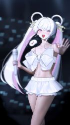  absurdres bare_shoulders blue_eyes blue_nails blurry blush bow bowtie cho_kaguya-hime! commentary_request earrings female gonggong_ill hair_ornament hair_rings highres holding holding_microphone jewelry korean_commentary long_hair looking_at_viewer microphone midriff multicolored_hair navel necklace open_mouth pink_hair runami_yachiyo skirt smile solo stomach streaked_hair swimsuit teeth twintails upper_teeth_only white_bow white_bowtie white_hair white_skirt 